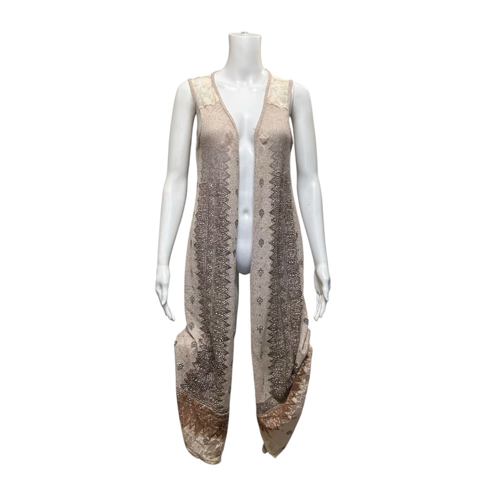 Be Vocal Neutral Lacy Applied Bling Open Front Knit Long Line Vest Size M